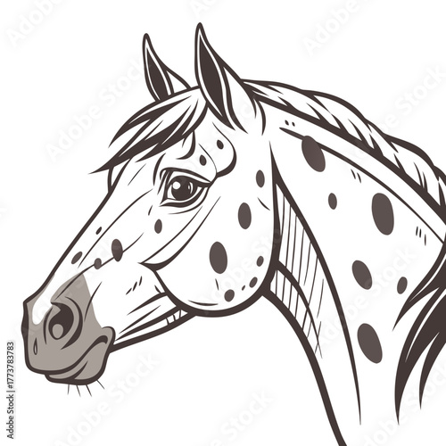 Stylized illustration of a spotted horse head in profile with a dark mane and expressive eye