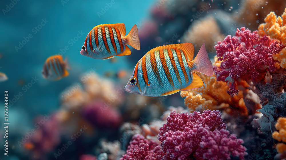 Fototapeta premium Vibrant colorful coral reef scene with tropical fish swimming among diverse marine life and vibrant underwater scenery in a stunning marine environment