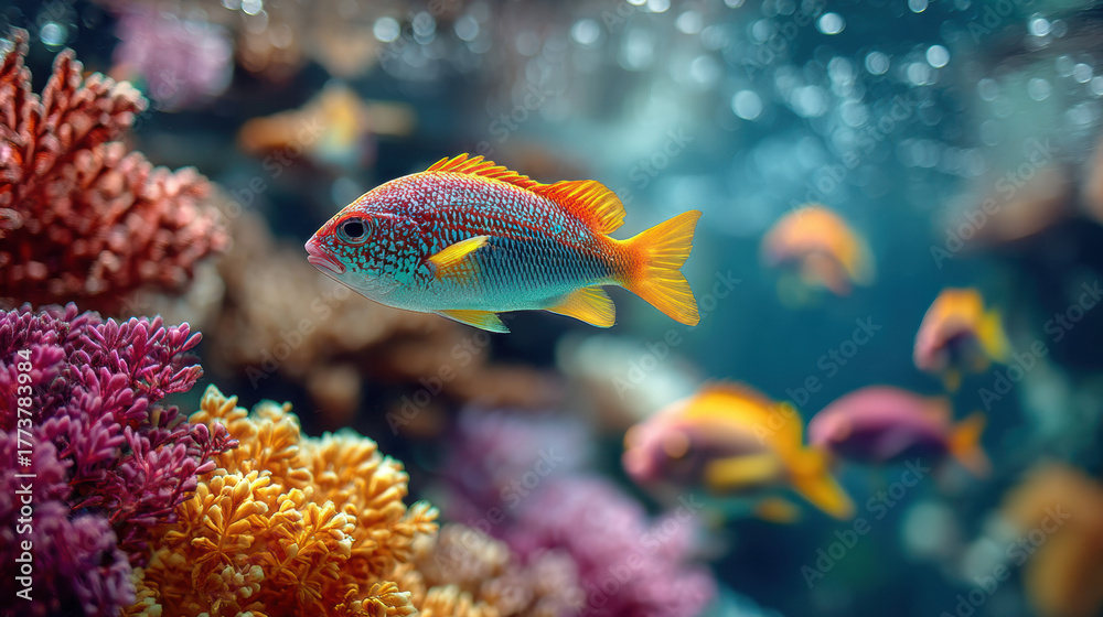 Obraz premium Vibrant tropical reef fish swimming among colorful coral in a stunning underwater scene with diverse marine life and aquatic beauty