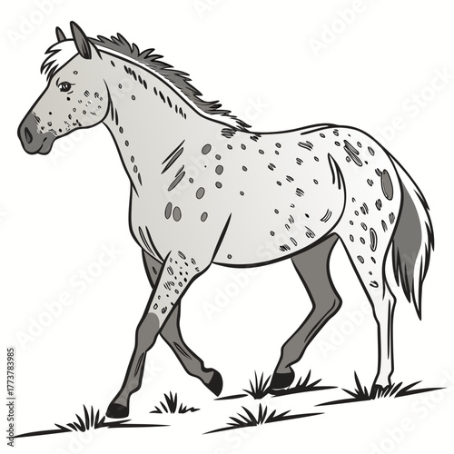 A charming illustration of a spotted appaloosa horse in motion with a flowing mane and tail