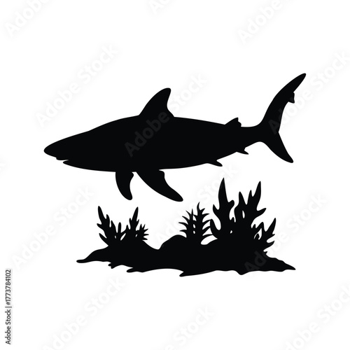 Shark silhouette swimming above a coral reef on a white background, shark gliding reef silhouette vector illustration