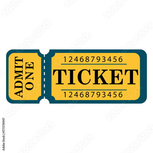 Vintage style yellow admit one ticket illustration for movie or event entry pass