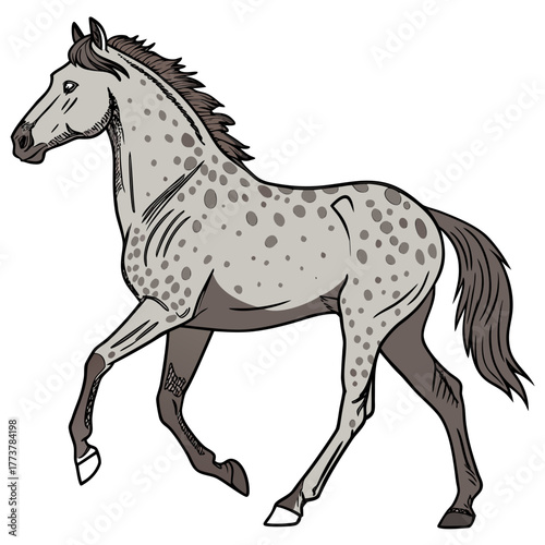 A stylized illustration of a light gray horse with dark spots trotting gracefully with its mane and tail flowing