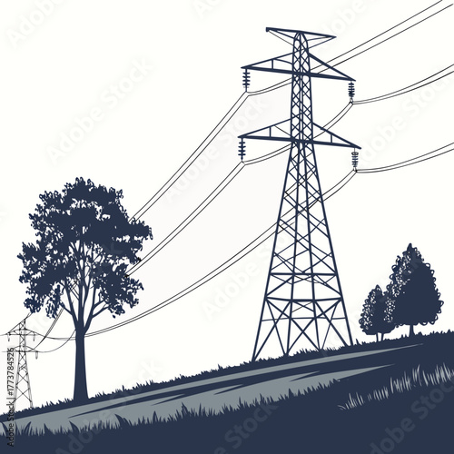 Silhouette of a large power transmission tower with electrical wires stretching across a landscape with trees and grass