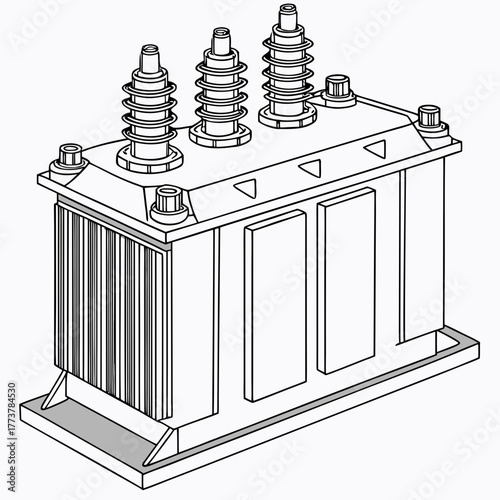 Illustration of a three phase electrical power transformer with insulators and cooling fins on a white background