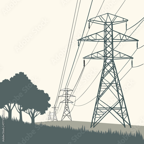 Towering electricity pylons march across a grassy field with trees under a pale sky