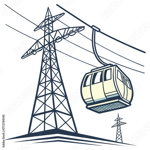 Modern cable car transport system suspended from wires near a tall power transmission tower