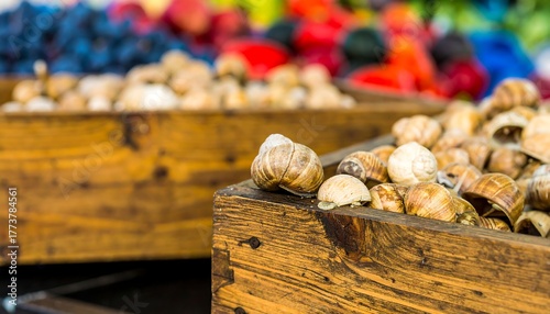 Wooden crates overflowing with edible snails at a vibrant farmers market