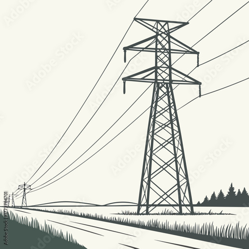 Towering electricity pylons with power lines stretching across a vast landscape under a pale sky