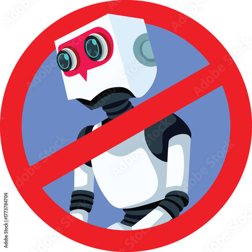 No Ai Robot Forbidden Sign Vector Icon Design. Warning design against artificial intelligence technology and its uses 