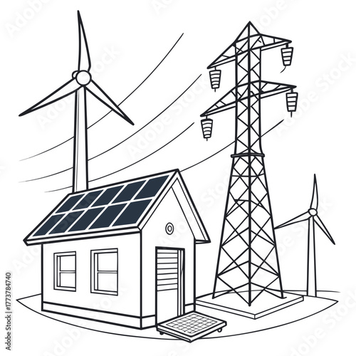 Sustainable energy sources including wind turbines and solar panels powering a house and electricity pylon