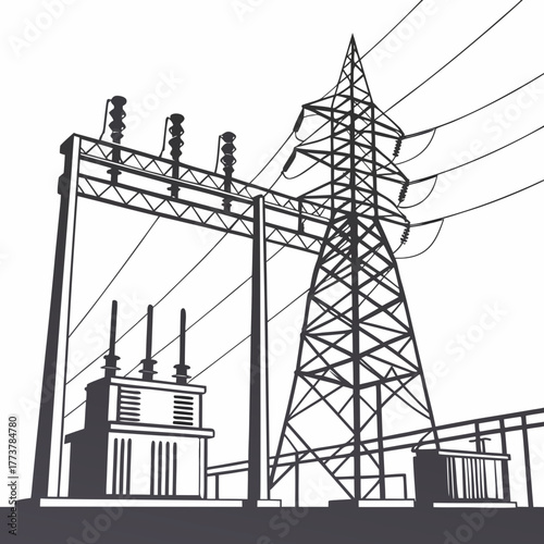 Silhouette of an electrical substation with high voltage power lines and transmission tower against white background