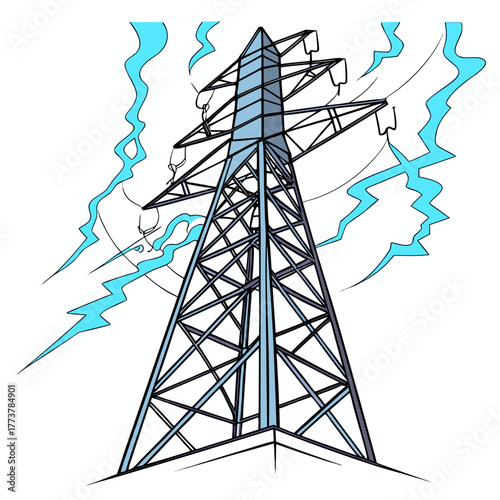 A stylized illustration of a tall electricity pylon with bright blue lightning bolts surrounding it against a white background