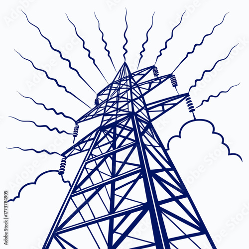 Dramatic low angle view of a dark blue electric power transmission tower against a white background with stylized energy waves