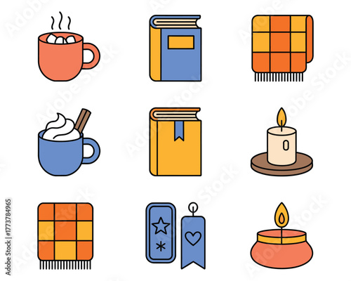 Cozy home comfort scene with steaming coffee mugs, closed books, soft warm blankets and glowing candles, relaxing hygge lifestyle interior concept illustration