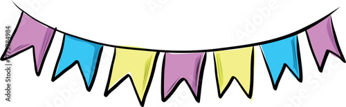 Colorful festive garland with pink yellow and blue flags