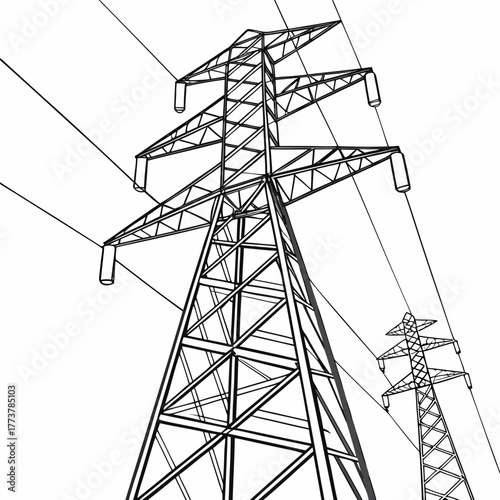 A dramatic low angle view of a large steel lattice electricity pylon with power lines against a white background