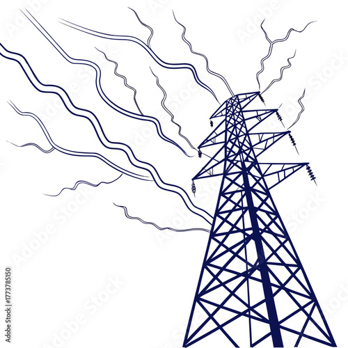 Abstract dark blue lines depict a tall electricity pylon with power lines extending outwards against a white background