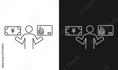 Payment Method Choice Icon with Person Deciding Between Cash (Yen) and a Credit Card for Financial Transactions.