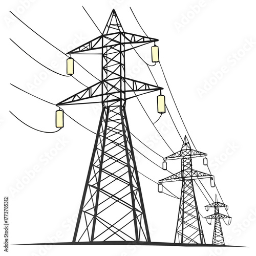 Three towering electricity pylons with power lines and insulators against a white background