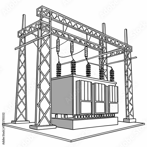 Industrial electrical substation transformer with high voltage insulators and power transmission towers in a line drawing style