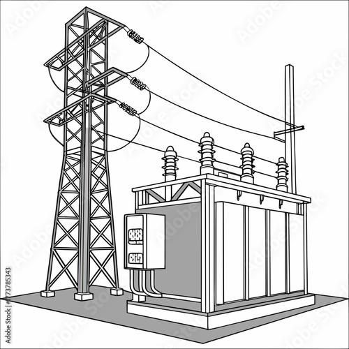 Illustration of a high voltage electrical transformer station with power lines connected to a transmission tower