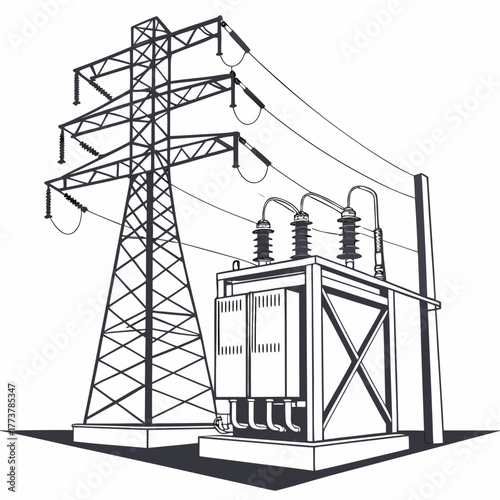 Detailed illustration of a high voltage power line tower and electrical transformer substation equipment