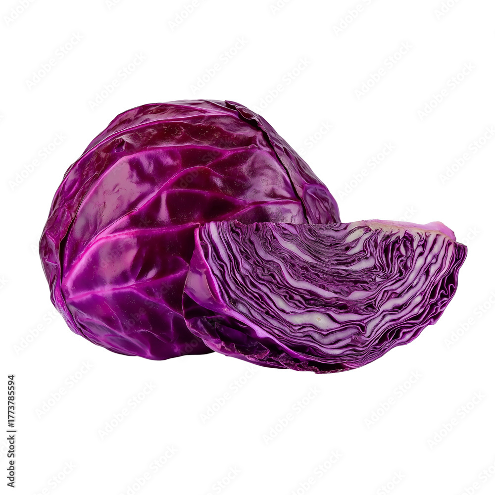 Obraz premium Red Cabbage Head and Slice isolated on a transparent background