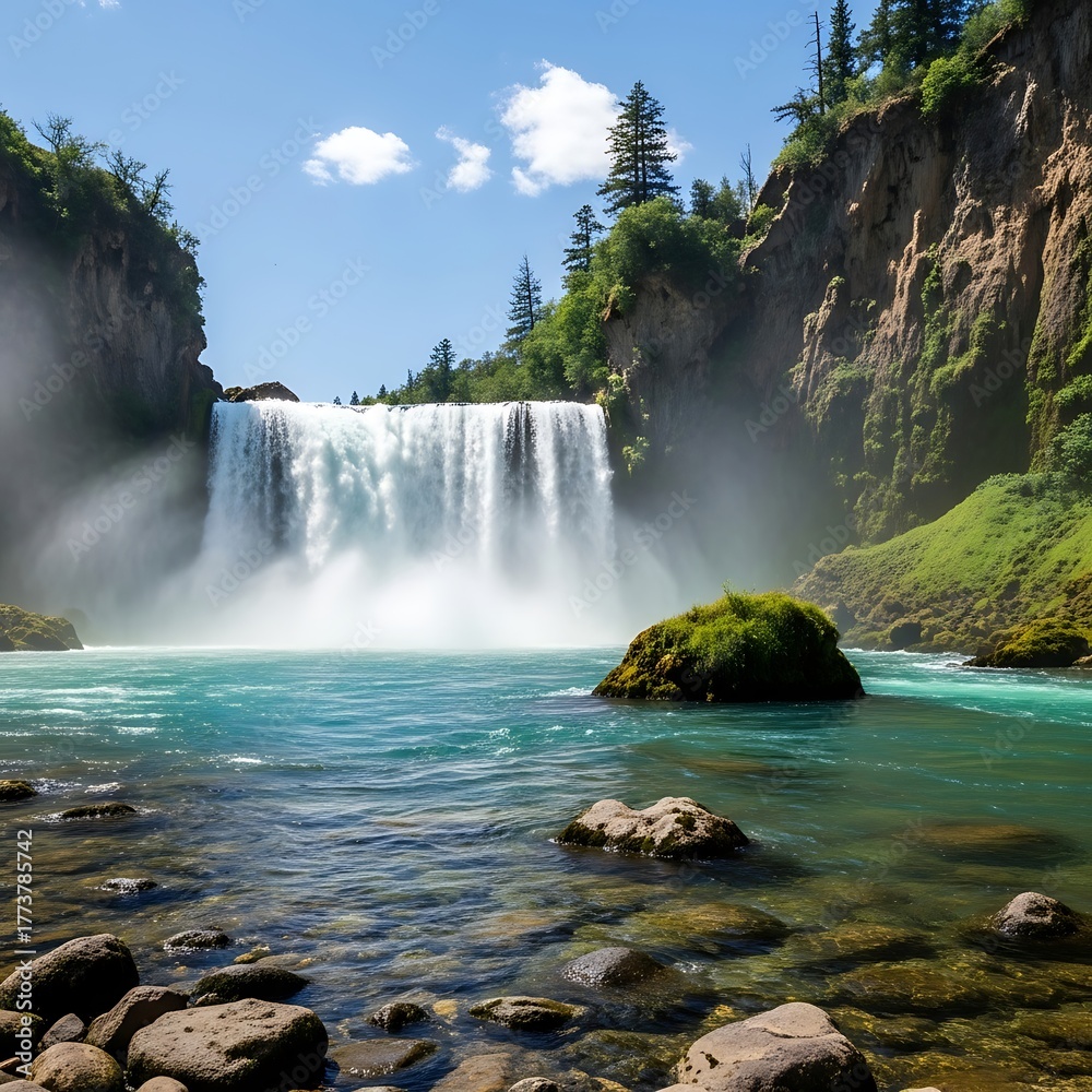 Fototapeta premium Majestic Waterfall Cascading into Turquoise Pool Surrounded by Lush Greenery.