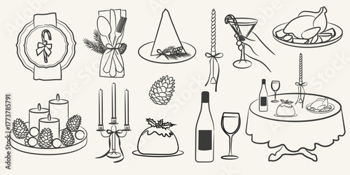 Vintage Christmas dinner doodles set. Hand drawn holiday table elements with wine, roast chicken, candles, pinecones, and festive decorations. minimalist line art for invites, menus, sticker. 