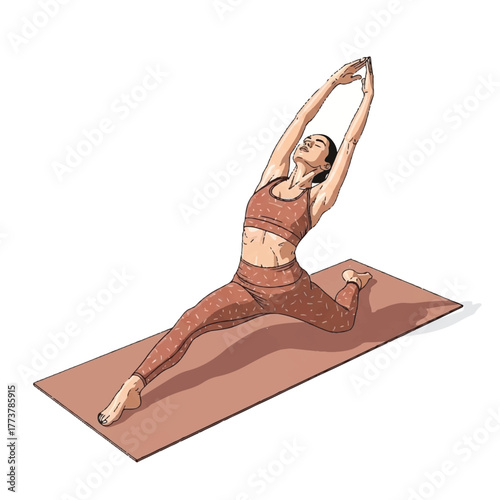a graceful yoga practitioner in trendy attire, stretching on mat, serene and refined composition