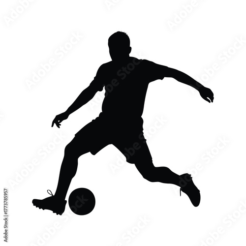 Silhouette of a soccer player kicking a soccer ball in action pose, soccer player kicking ball silhouette vector illustration