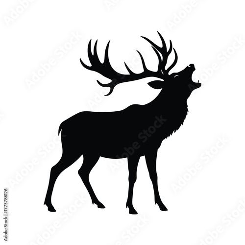 Roaring Stag Silhouette with Large Antlers on a White Background, stag with large antlers roaring silhouette vector illustration