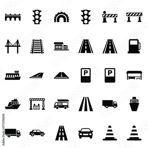 Vector illustration of collection of transportation and traffic icons