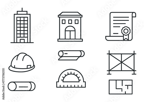 Architectural icons set featuring buildings, construction tools, and design blueprints.