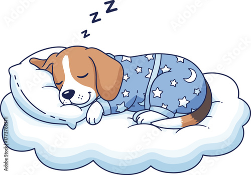 PrintCute cartoon puppy sleeping on fluffy cloud wearing star pajamas, peaceful night illustration, adorable dog dream art, bedtime relaxation concept