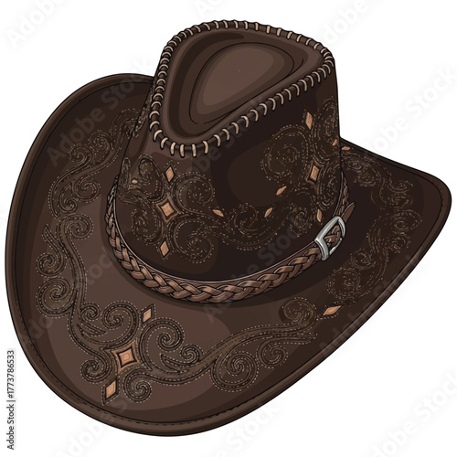 a vector art of a traditional cowboy hat with intricate stitching and old leather finish