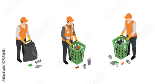 Isometric workers collecting trash with bins and bags in safety equipment