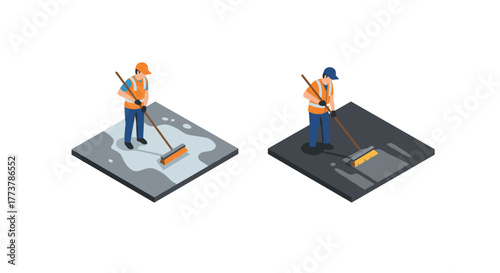 Isometric workers cleaning gray surface with mop in uniforms