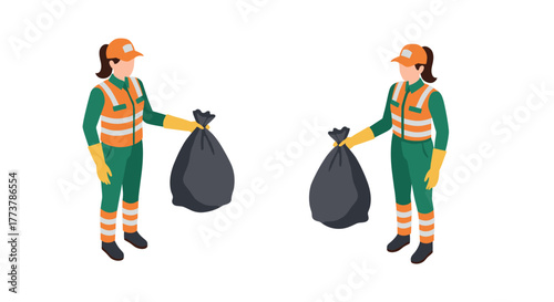 Two female sanitation workers in uniform holding trash bags isometric style