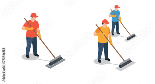 Workers wearing caps and gloves cleaning with brooms in isometric style