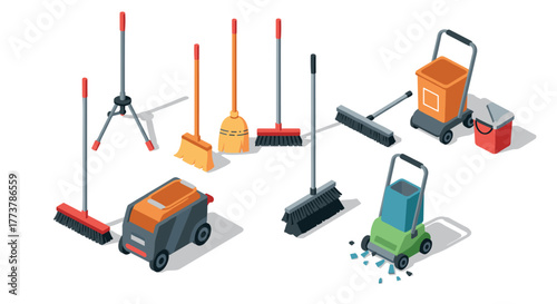 Isometric cleaning tools set with mop, broom, and bucket