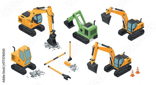 Isometric construction vehicles with excavators and equipment