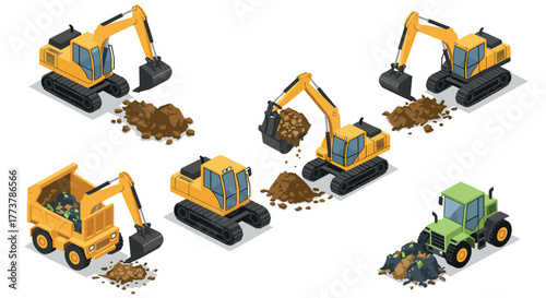 Construction vehicles in action: isometric excavators, dump truck, and tractor