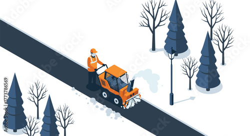 Winter road maintenance with snow blower in isometric design