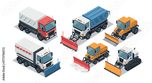 Isometric snow removal vehicles set with diverse equipment for winter maintenance