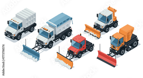 Isometric snow plow trucks set with colorful designs and varied configurations