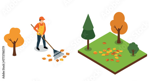 Isometric autumn gardening scene with man raking leaves in park