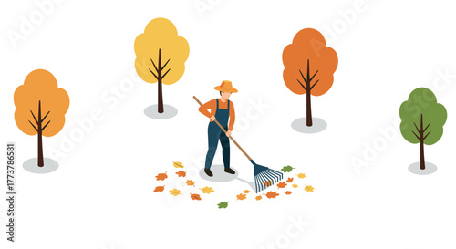 Isometric autumn scene with person raking leaves among colorful trees
