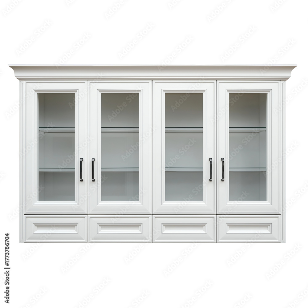 Obraz premium White Four Door Glass Cabinet isolated on a transparent background